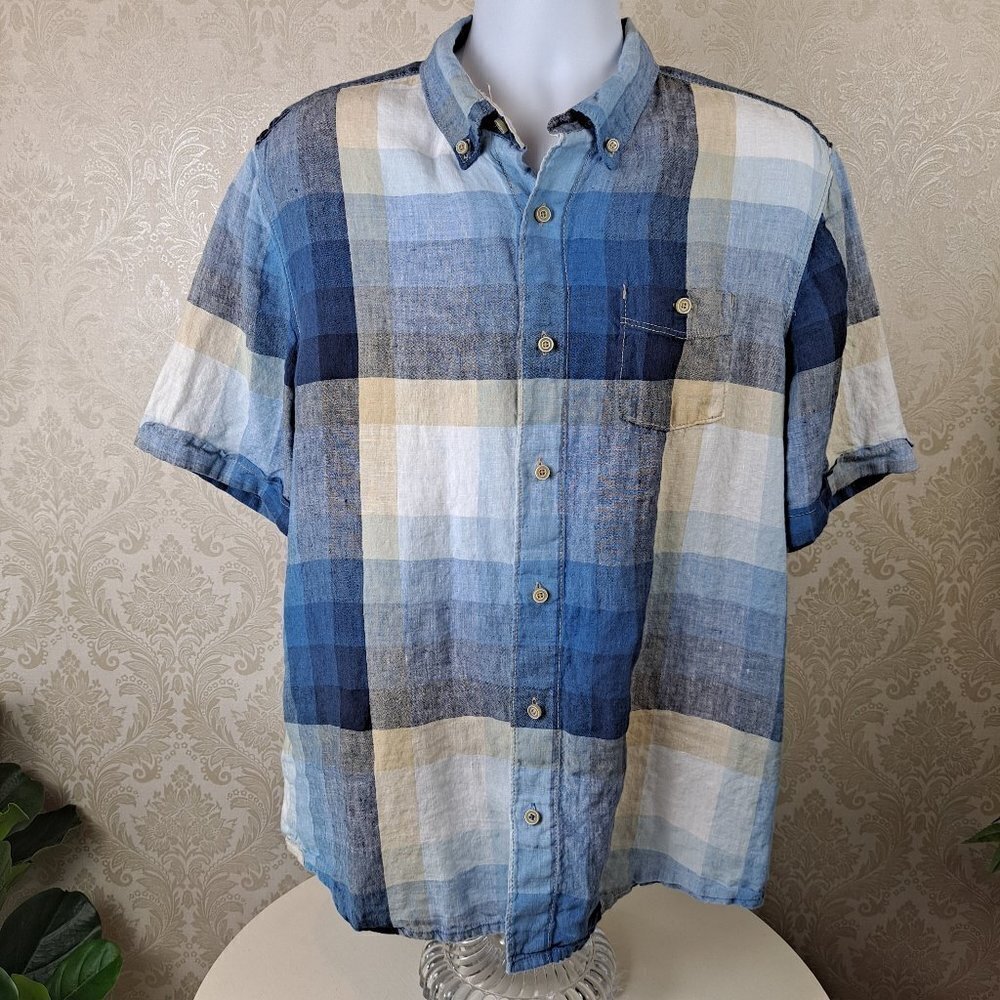 Tommy Bahama Size Large Island Modern Fit Plaid Button Down Shirt Blue Cream
